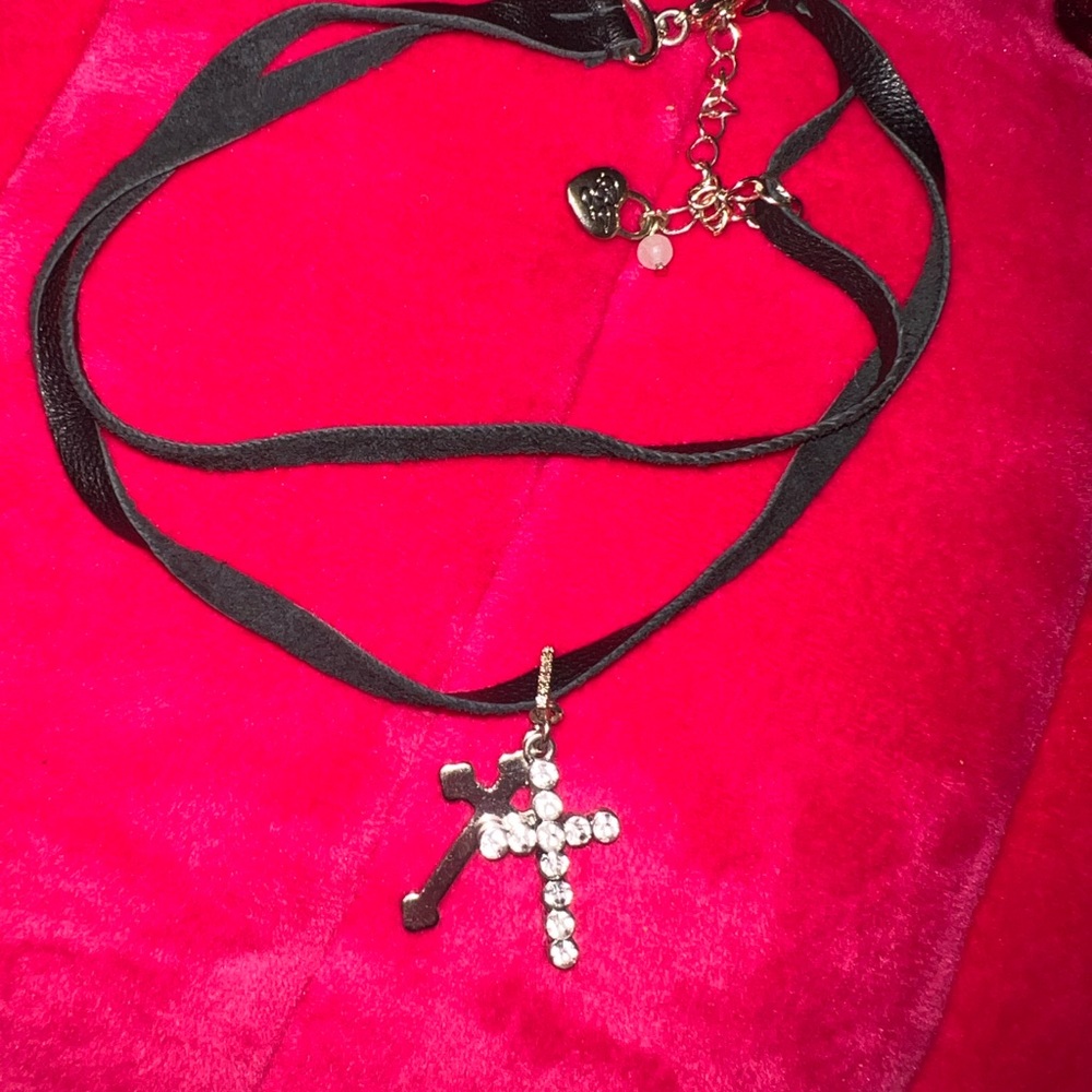 Betsy Johnson Black Ribbon Necklace with Rhinestone Cross Pendant - Picture 2 of 3